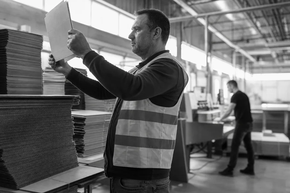 Kierownik produkcji ogląda próbki kartonów falistych w hali zakładu produkującego opakowania