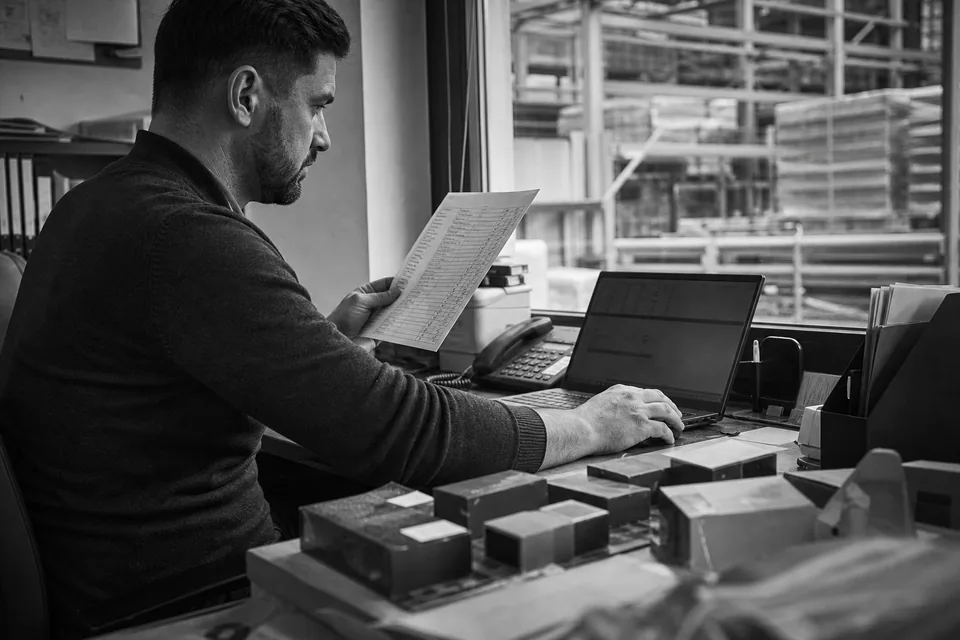 Handlowiec przegląda listę firm na laptopie przy biurku w hali biurowej